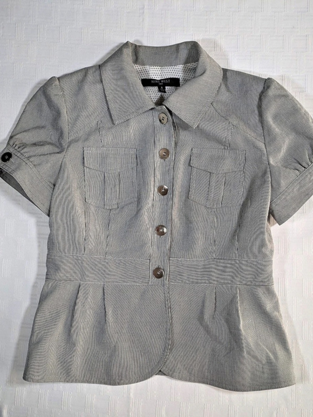 Nine West Pin Striped Peplum Blazer in Gray & White Size 8